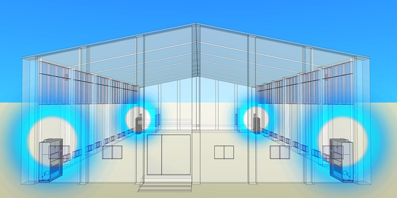 体育館の四隅に設置して全体を空調させます。